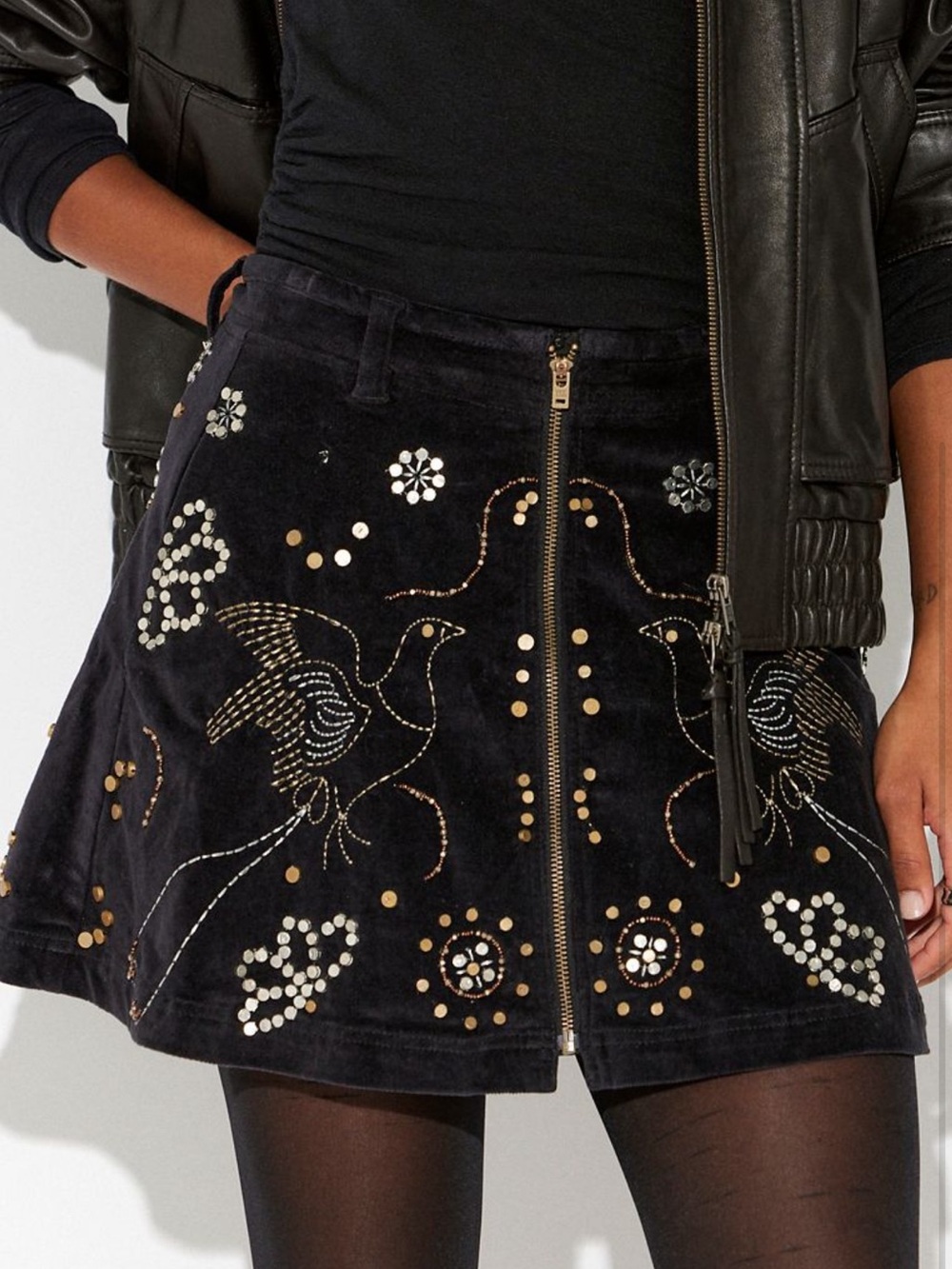 Free People Gray Velvet Embroidered Zip-Front Mini Skirt